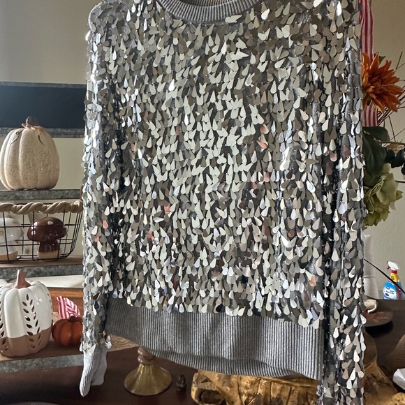 MICHAEL KORS  Teardrop Paillette Sequin Embellished Mirror Shimmer Sweater - Picture 6 of 8